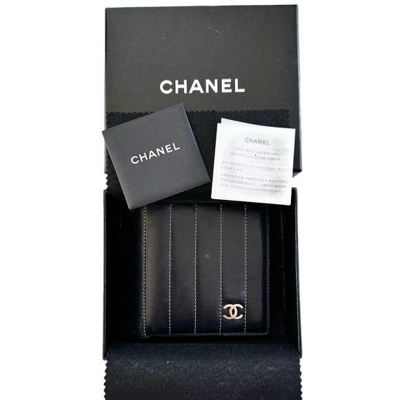 Authentic CHANEL Black Smooth Lambskin Leather White Pin Stripe Bifold Wallet - Picture 1 of 14